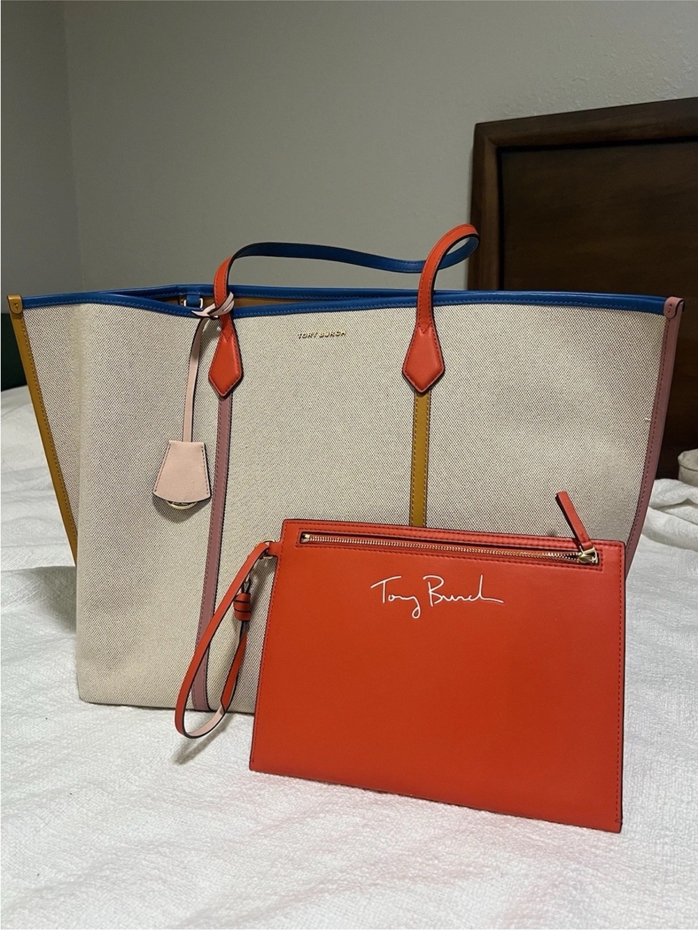 Tory Burch Neutral Canvas Tote with Orange Wrist Pouch and Color-Trim Accents